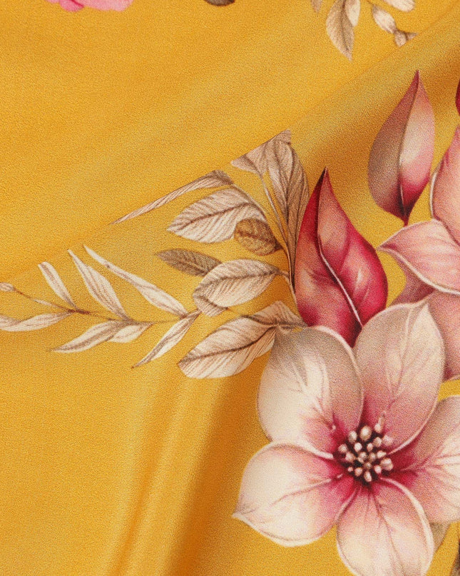 Yellow Floral Pure Silk Crepe Fabric 110cm - 1086927