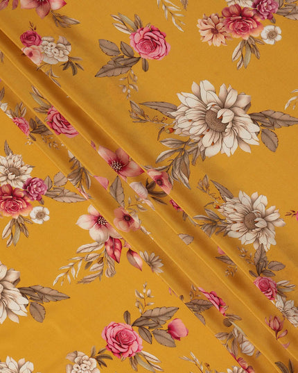 Yellow Floral Pure Silk Crepe Fabric 110cm - 1086927