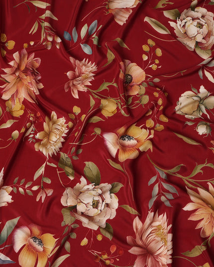 Red Floral Pure Silk Crepe Fabric 110cm - 1087092