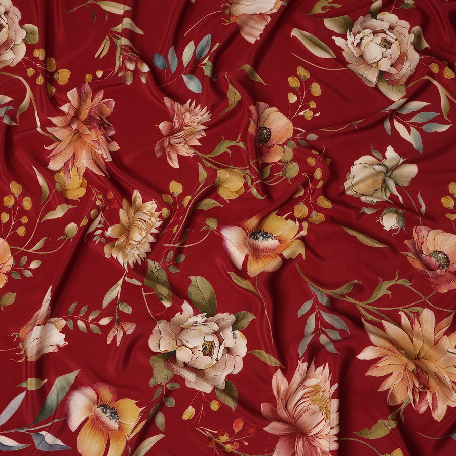 Red Floral Pure Silk Crepe Fabric 110cm - 1087092