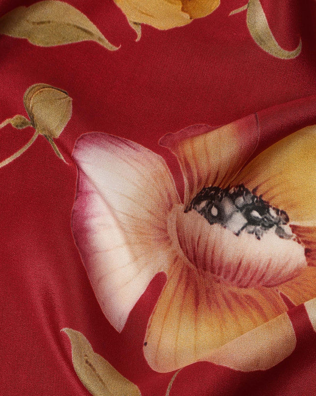 Red Floral Pure Silk Crepe Fabric 110cm - 1087092