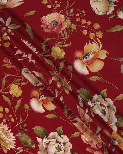 Red Floral Pure Silk Crepe Fabric 110cm - 1087092