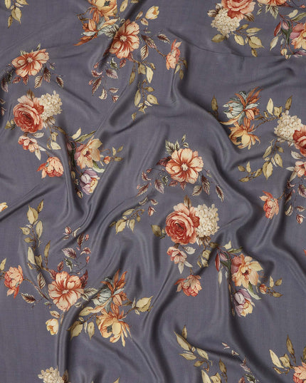 Grey Floral Pure Silk Crepe Fabric 110cm - 1087108