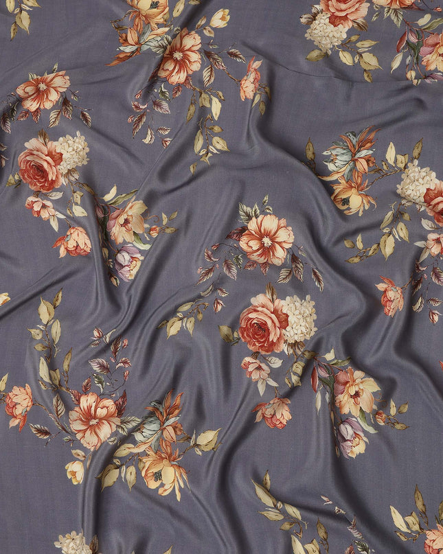 Grey Floral Pure Silk Crepe Fabric 110cm - 1087108
