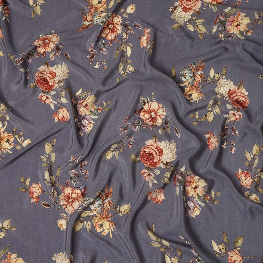 Grey Floral Pure Silk Crepe Fabric 110cm - 1087108