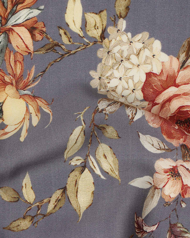 Grey Floral Pure Silk Crepe Fabric 110cm - 1087108
