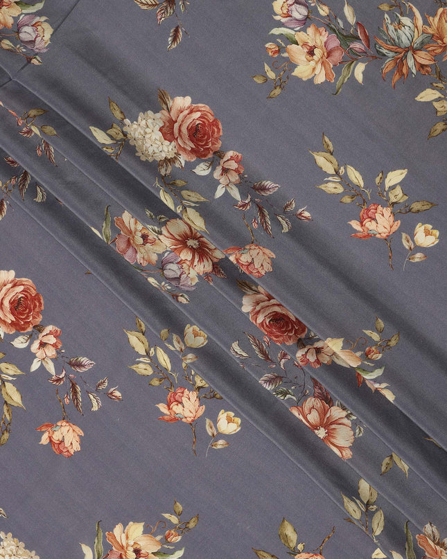 Grey Floral Pure Silk Crepe Fabric 110cm - 1087108