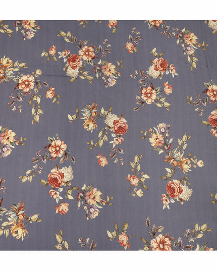 Grey Floral Pure Silk Crepe Fabric 110cm - 1087108
