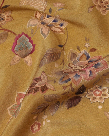 Yellow Floral Pure Silk Crepe Fabric 110cm - 1087153