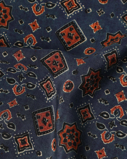 Blue Geometric Pure Silk Crepe Fabric 110cm - 1087252