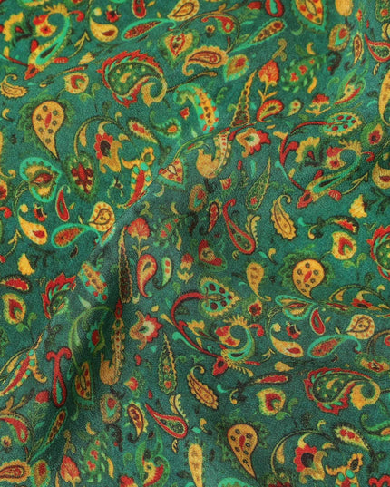 Green Paisley Pure Silk Crepe Fabric 110cm - 1087269