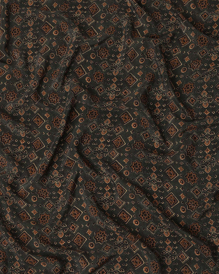 Brown Geometric Pure Silk Crepe Fabric 110cm - 1087306