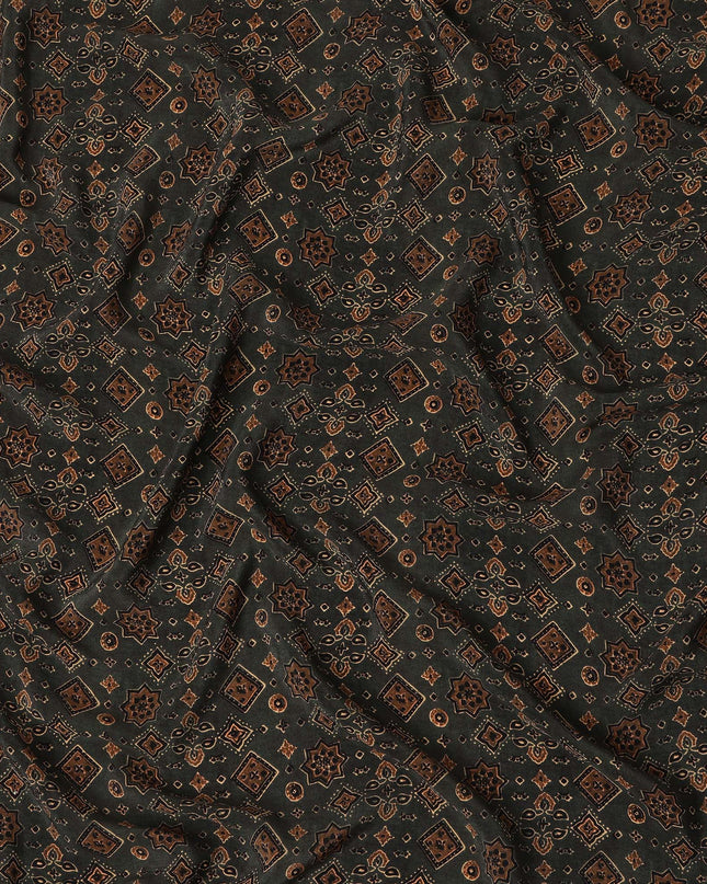Brown Geometric Pure Silk Crepe Fabric 110cm - 1087306