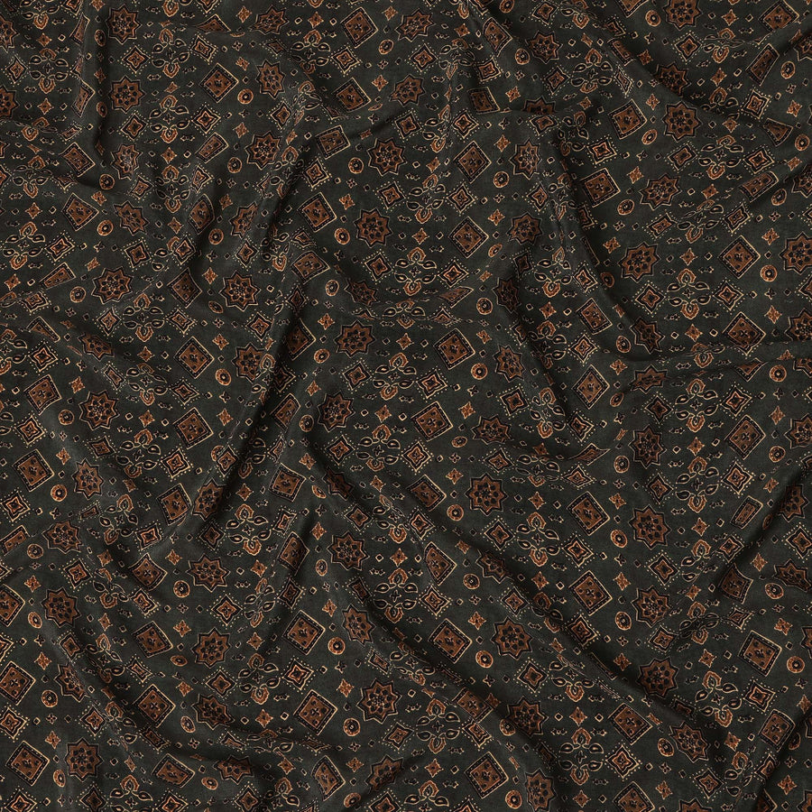 Brown Geometric Pure Silk Crepe Fabric 110cm - 1087306