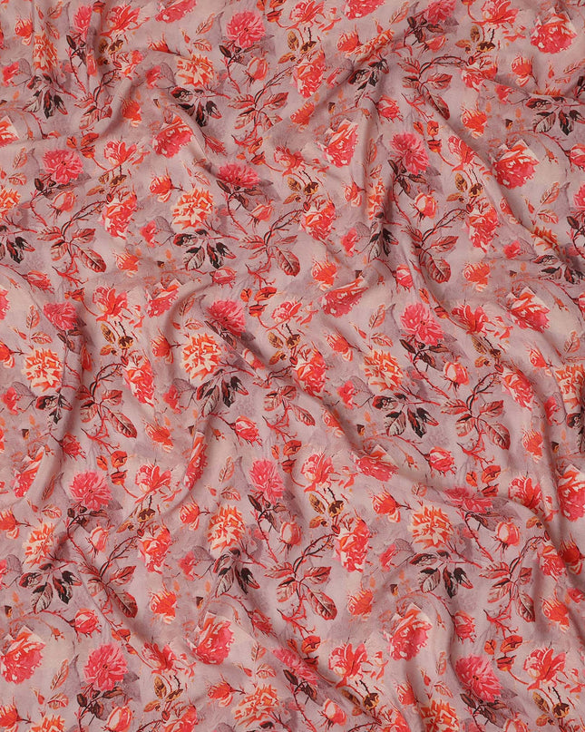 Pink Floral Pure Silk Crepe Fabric 110cm - 1087344