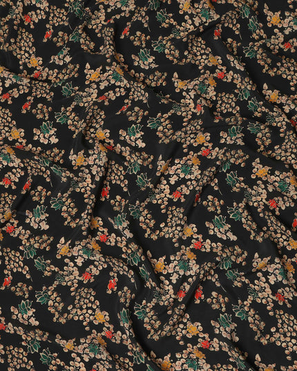 Black Floral Pure Silk Crepe Fabric 110cm - 1087375
