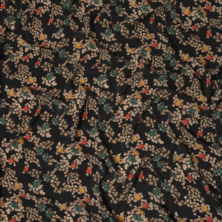 Black Floral Pure Silk Crepe Fabric 110cm - 1087375