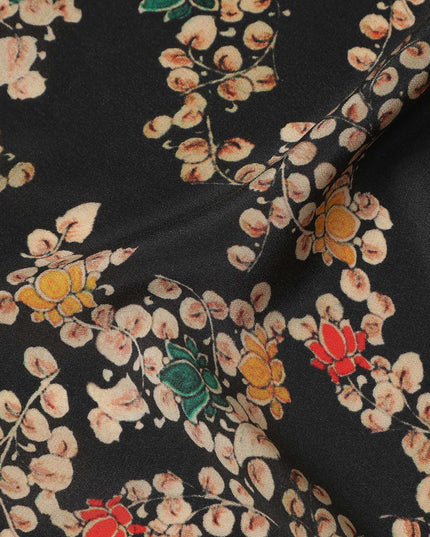 Black Floral Pure Silk Crepe Fabric 110cm - 1087375