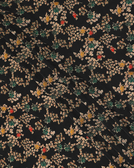 Black Floral Pure Silk Crepe Fabric 110cm - 1087375