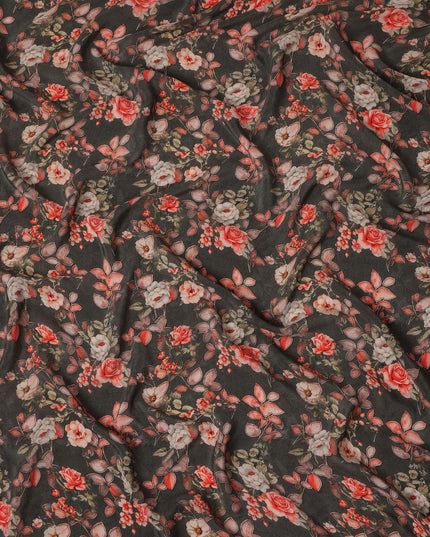 Brown Floral Pure Silk Crepe Fabric 110cm - 1087382
