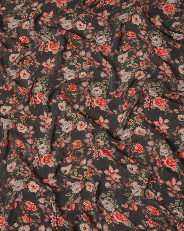 Brown Floral Pure Silk Crepe Fabric 110cm - 1087382