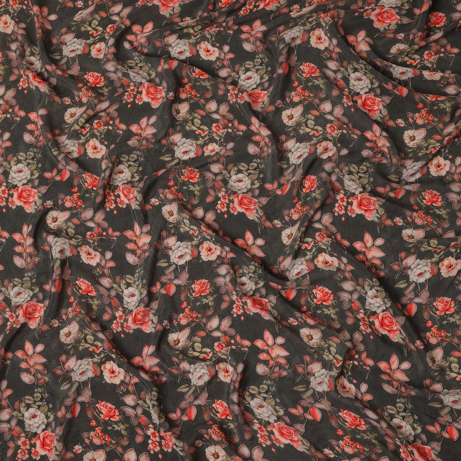 Brown Floral Pure Silk Crepe Fabric 110cm - 1087382