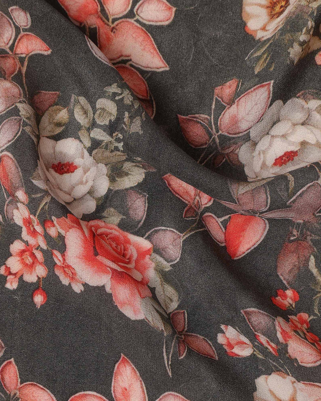 Brown Floral Pure Silk Crepe Fabric 110cm - 1087382