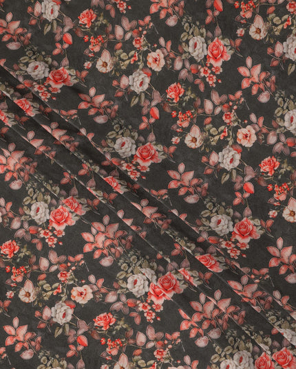 Brown Floral Pure Silk Crepe Fabric 110cm - 1087382