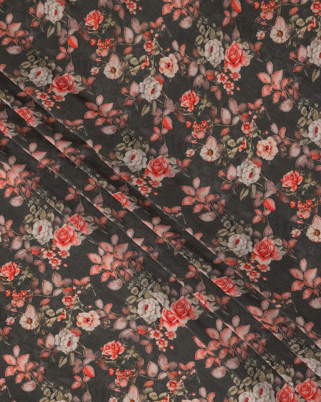 Brown Floral Pure Silk Crepe Fabric 110cm - 1087382