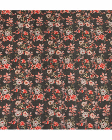 Brown Floral Pure Silk Crepe Fabric 110cm - 1087382