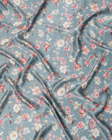 Dusty Grey Multicolor Floral Print Premium Pure Silk Satin Fabric, 110 cm Width, Delicate Botanical Design, Origin: South Korea-D26821