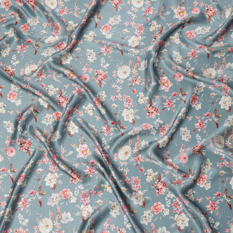 Dusty Grey Multicolor Floral Print Premium Pure Silk Satin Fabric, 110 cm Width, Delicate Botanical Design, Origin: South Korea-D26821