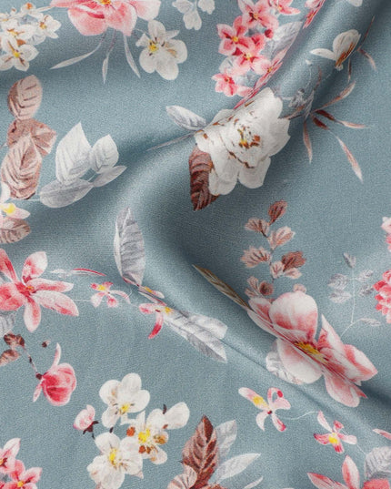 Dusty Grey Multicolor Floral Print Premium Pure Silk Satin Fabric, 110 cm Width, Delicate Botanical Design, Origin: South Korea-D26821