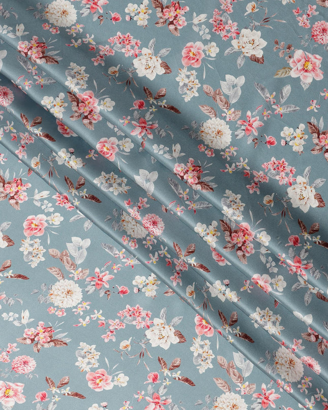 Dusty Grey Multicolor Floral Print Premium Pure Silk Satin Fabric, 110 cm Width, Delicate Botanical Design, Origin: South Korea-D26821