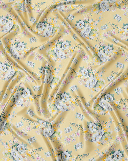 Light Yellow Multicolor Floral Print Premium Pure Silk Satin Fabric, 110 cm Width, Soft Botanical Design, Origin: South Korea-D26822