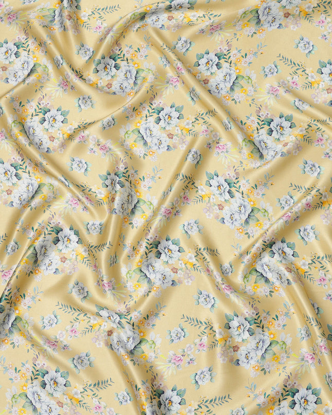 Light Yellow Multicolor Floral Print Premium Pure Silk Satin Fabric, 110 cm Width, Soft Botanical Design, Origin: South Korea-D26822