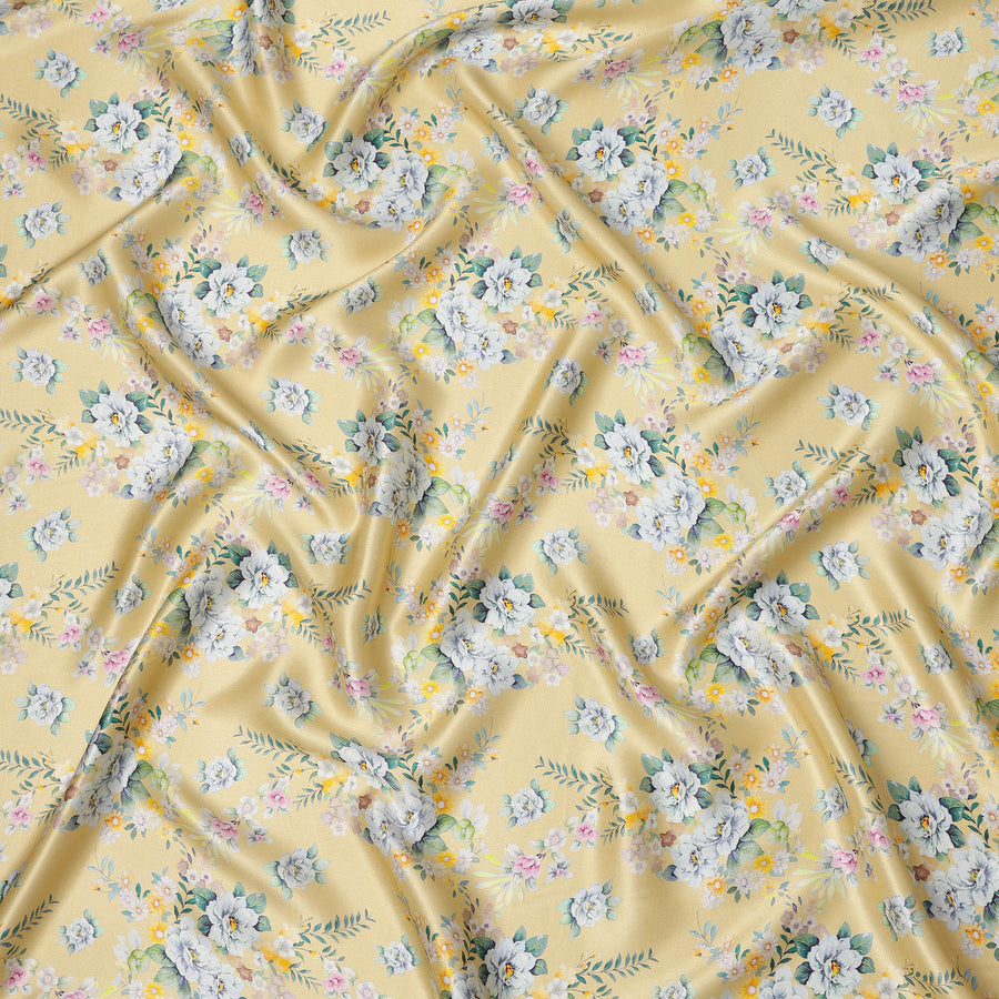 Light Yellow Multicolor Floral Print Premium Pure Silk Satin Fabric, 110 cm Width, Soft Botanical Design, Origin: South Korea-D26822