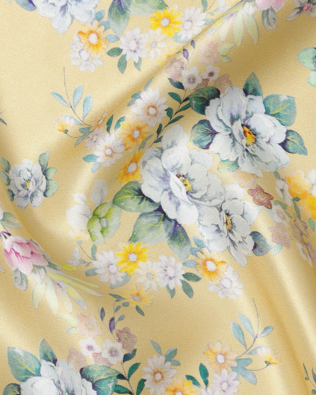 Light Yellow Multicolor Floral Print Premium Pure Silk Satin Fabric, 110 cm Width, Soft Botanical Design, Origin: South Korea-D26822