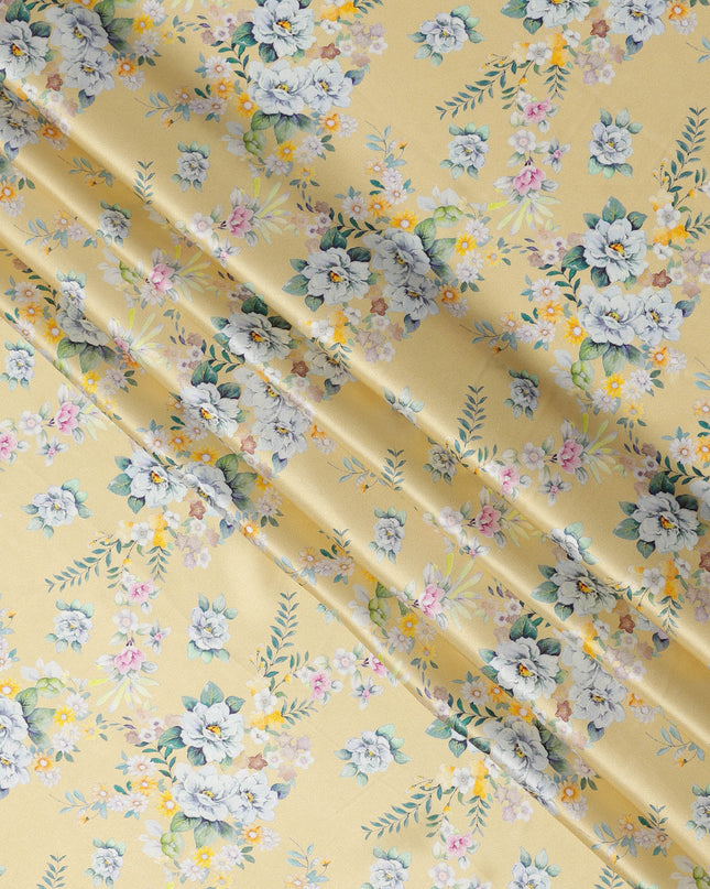 Light Yellow Multicolor Floral Print Premium Pure Silk Satin Fabric, 110 cm Width, Soft Botanical Design, Origin: South Korea-D26822