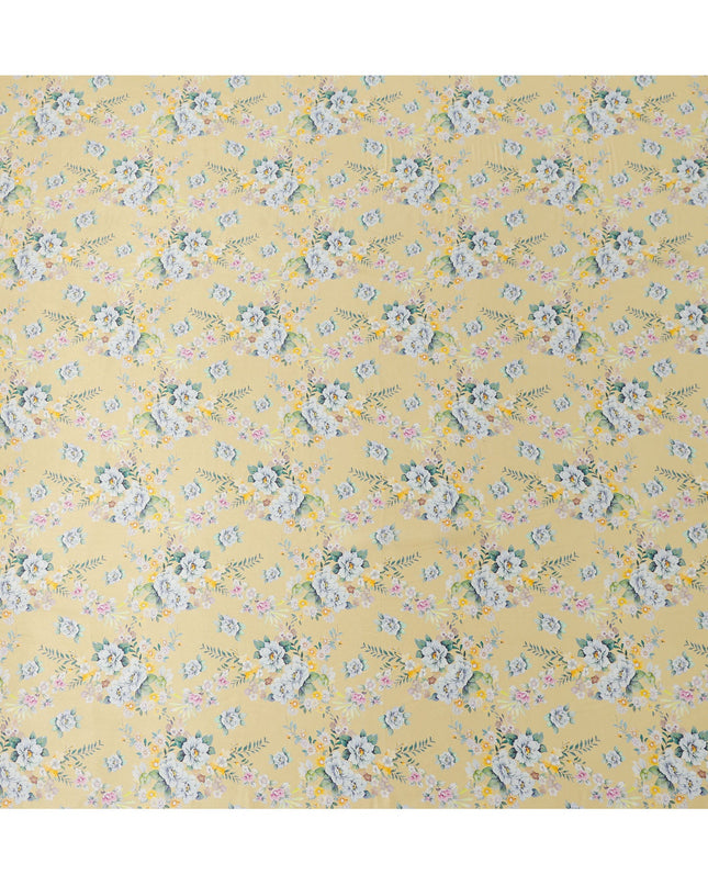 Light Yellow Multicolor Floral Print Premium Pure Silk Satin Fabric, 110 cm Width, Soft Botanical Design, Origin: South Korea-D26822