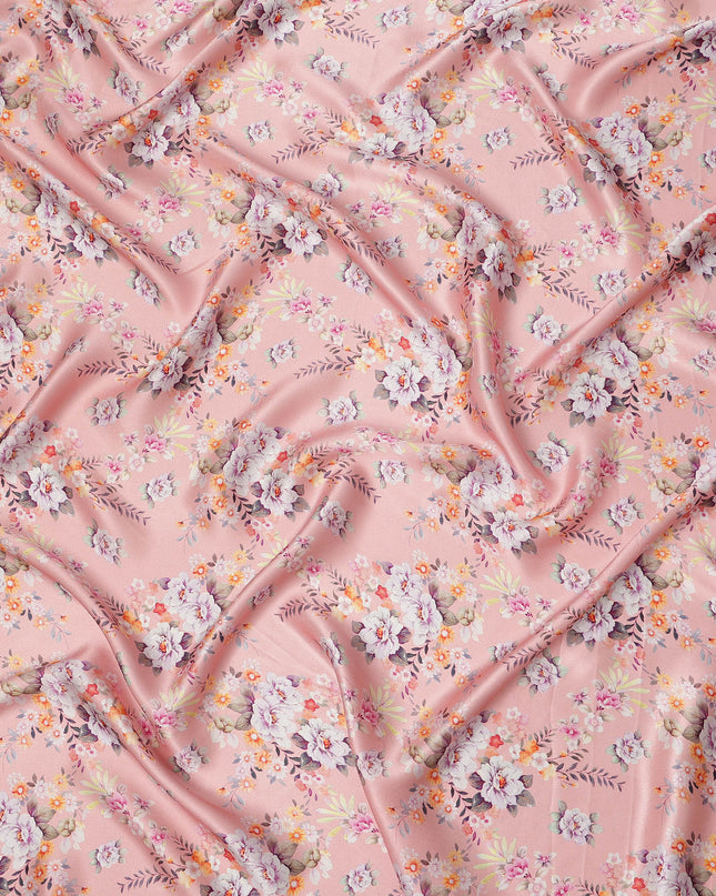 Light Pink Multicolor Floral Print Premium Pure Silk Satin Fabric, 110 cm Width, Delicate Botanical Design, Origin: South Korea-D26820