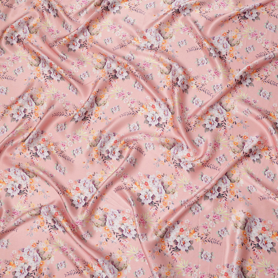 Light Pink Multicolor Floral Print Premium Pure Silk Satin Fabric, 110 cm Width, Delicate Botanical Design, Origin: South Korea-D26820