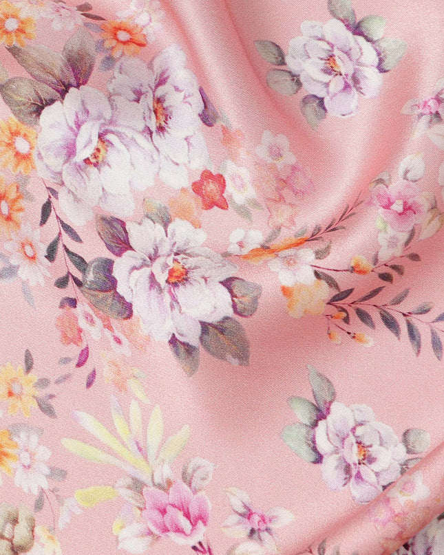 Light Pink Multicolor Floral Print Premium Pure Silk Satin Fabric, 110 cm Width, Delicate Botanical Design, Origin: South Korea-D26820