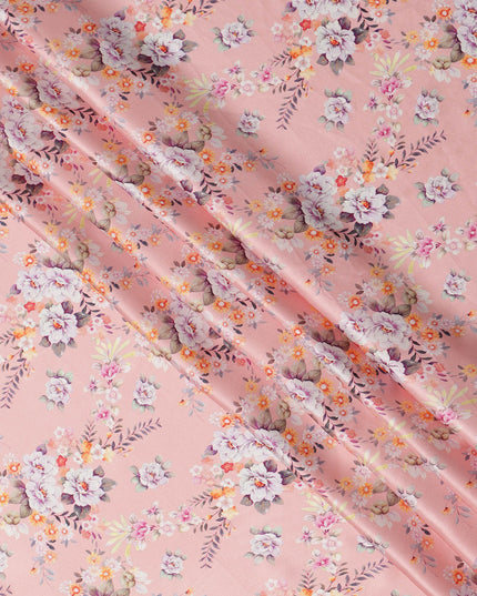 Light Pink Multicolor Floral Print Premium Pure Silk Satin Fabric, 110 cm Width, Delicate Botanical Design, Origin: South Korea-D26820