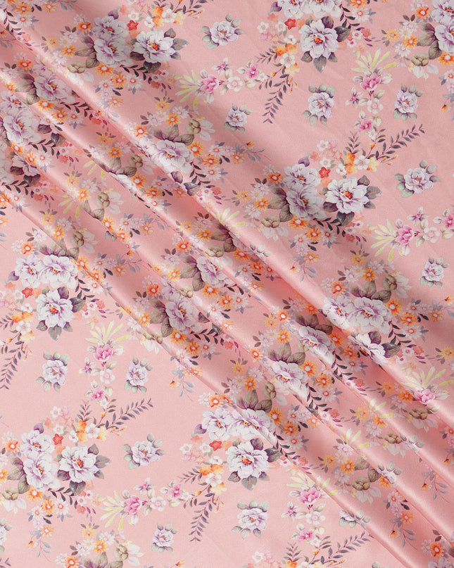 Light Pink Multicolor Floral Print Premium Pure Silk Satin Fabric, 110 cm Width, Delicate Botanical Design, Origin: South Korea-D26820