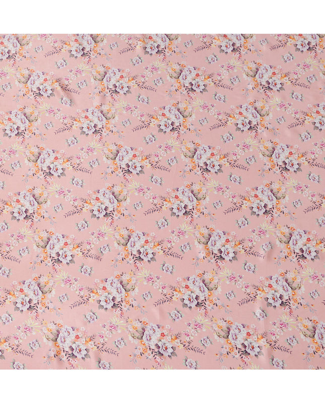 Light Pink Multicolor Floral Print Premium Pure Silk Satin Fabric, 110 cm Width, Delicate Botanical Design, Origin: South Korea-D26820