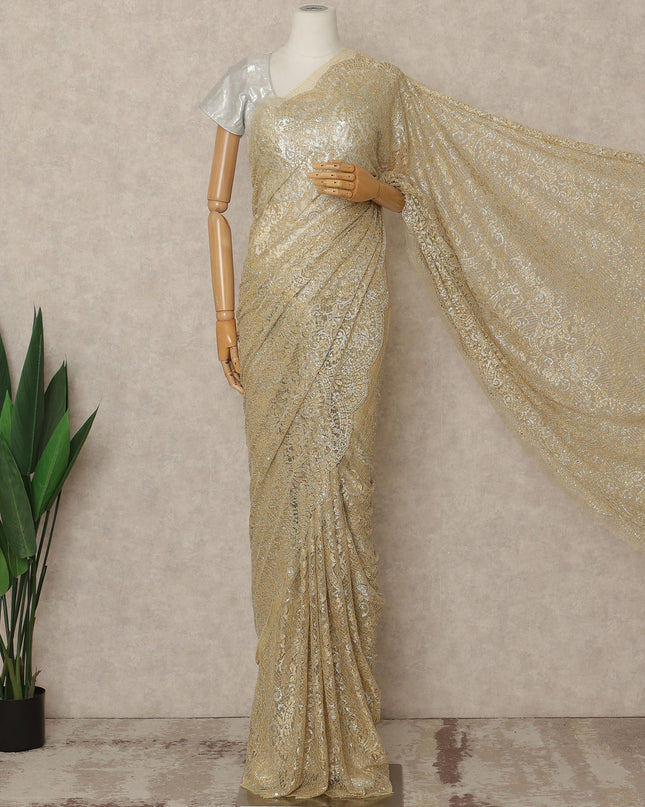 Golden Beige Premium French Metallic Chantilly Saree Lace With Stonework 5.5 Mtrs 110 Cms Width France-D27780
