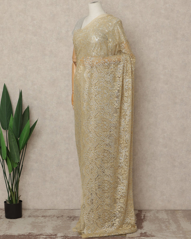 Golden Beige Premium French Metallic Chantilly Saree Lace With Stonework 5.5 Mtrs 110 Cms Width France-D27780