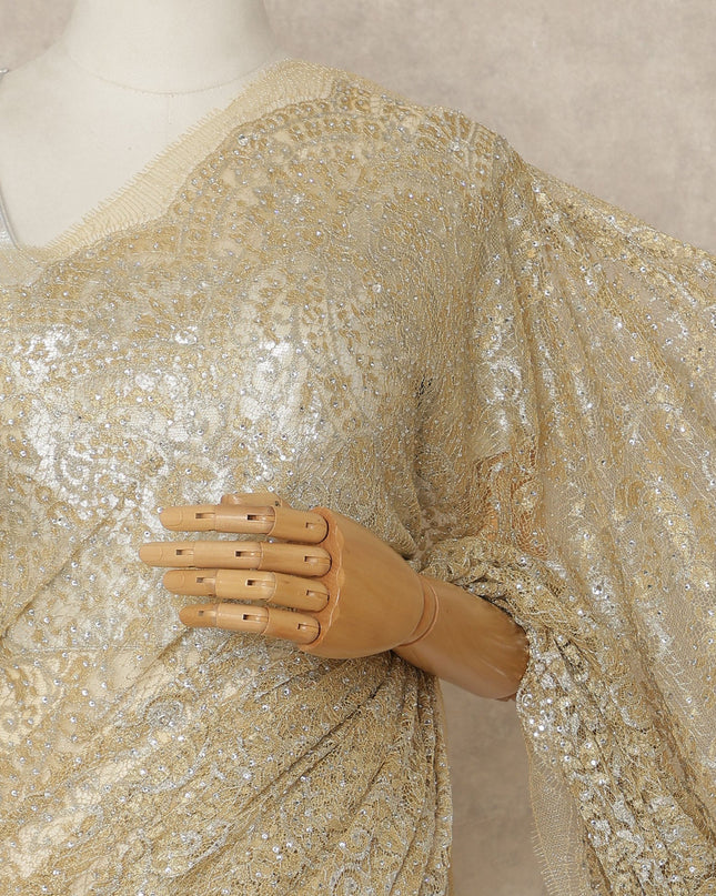 Golden Beige Premium French Metallic Chantilly Saree Lace With Stonework 5.5 Mtrs 110 Cms Width France-D27780