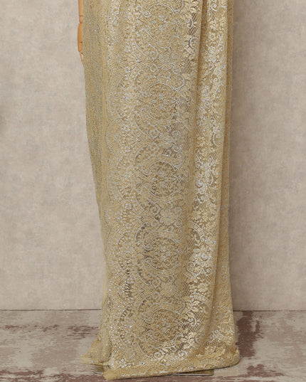 Golden Beige Premium French Metallic Chantilly Saree Lace With Stonework 5.5 Mtrs 110 Cms Width France-D27780